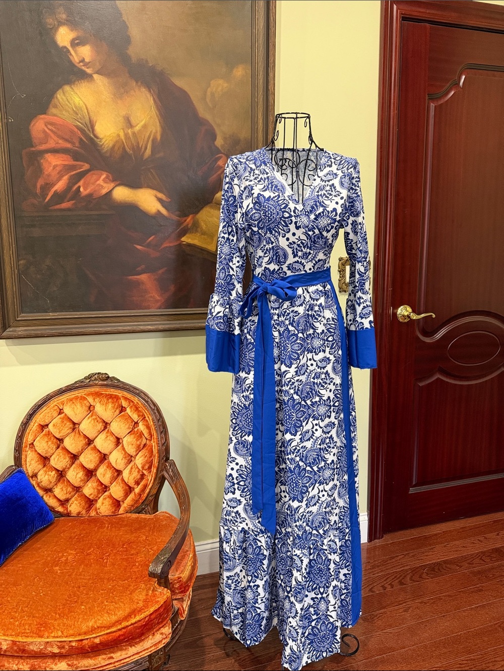 Blue & White Floral Wrap Maxi Dress with Sash purchased in Italy never worn